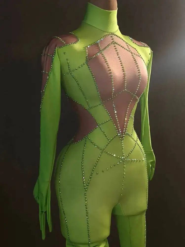 レディースセクシーなクリスタルジャンプスーツ手袋ラインストーンナイトクラブパーティーパフォーマンスジャンプスーツポールダンス歌手ステージパフォーマンス衣装