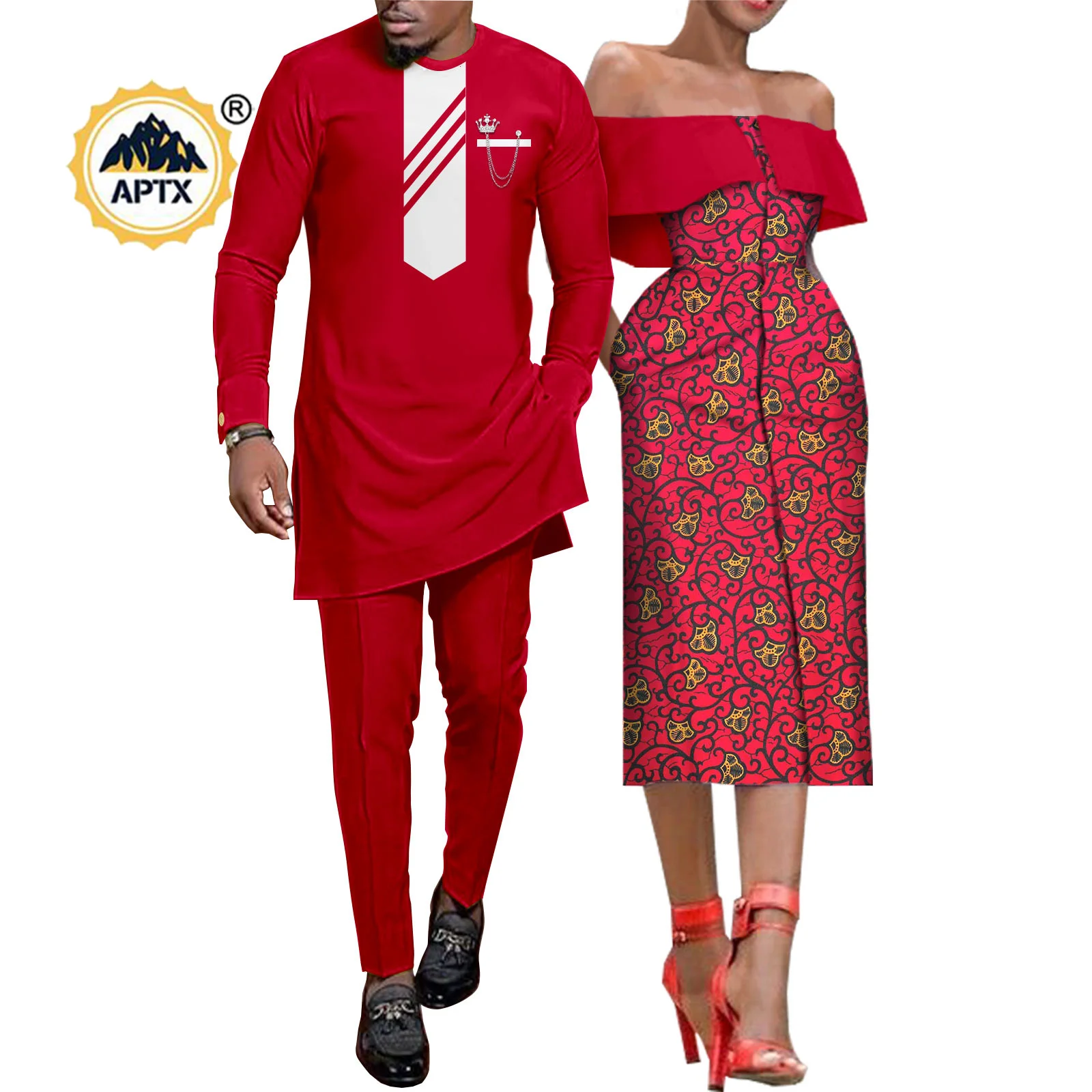 African Clothes for Couple Women Print Off Shoulder Dresses Matching Men Outfits Dashiki Long Vest Shirt and Pants Sets Y22C053