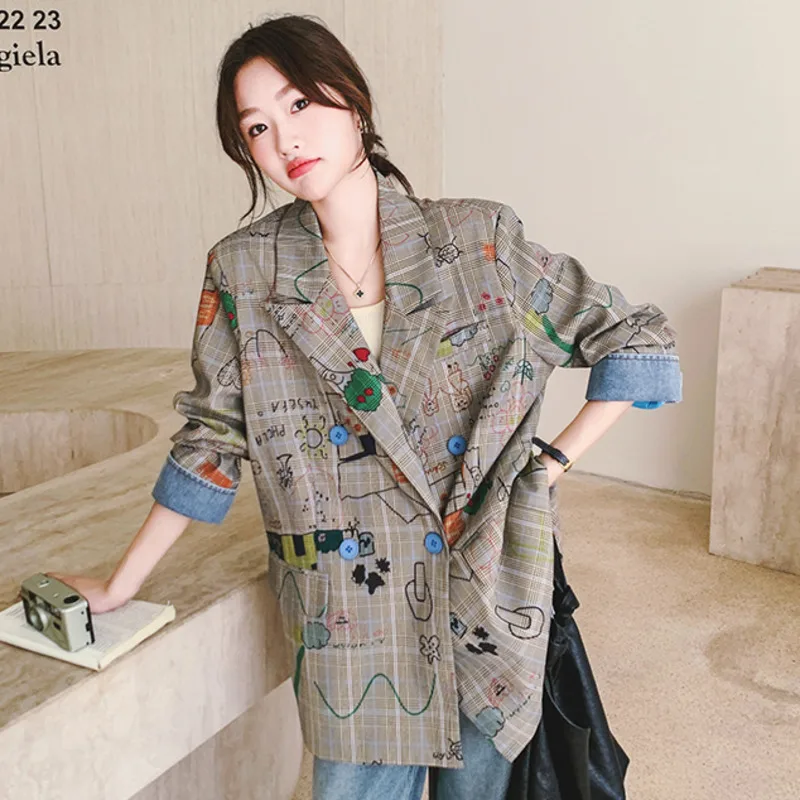 ANJY Spring Autumn New Women Tide Stylish Plaid Loose Casual Graffiti Print Blazer Elegant Fashion Niche Design Suit-Coat A21376
