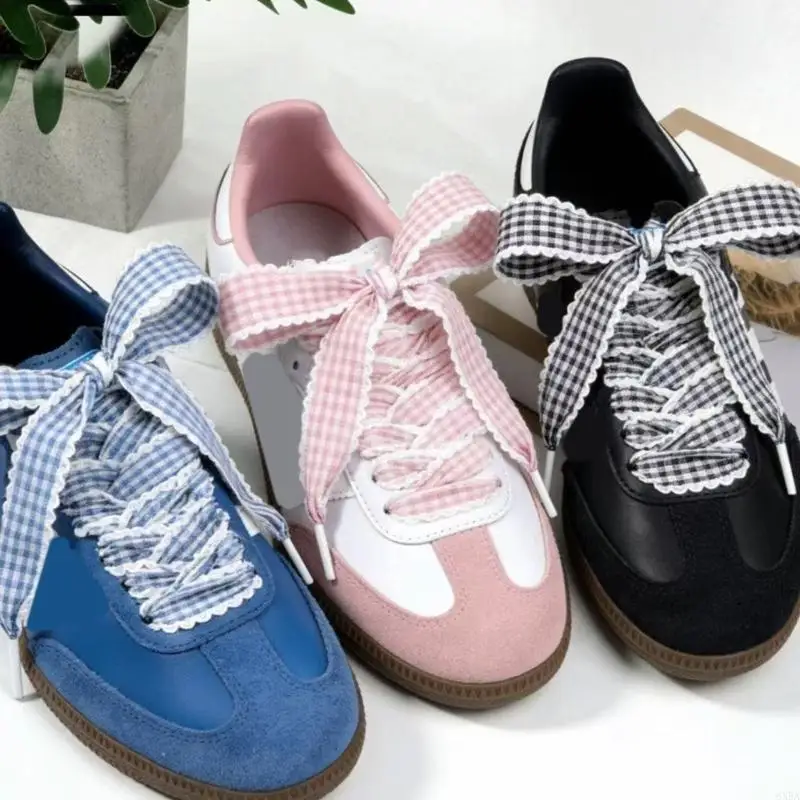 Decorative Lace Trim Gingham Shoelaces for Trainers and Casual Footwear, Flat Ribbon Replacement Laces with Lace 6XDA