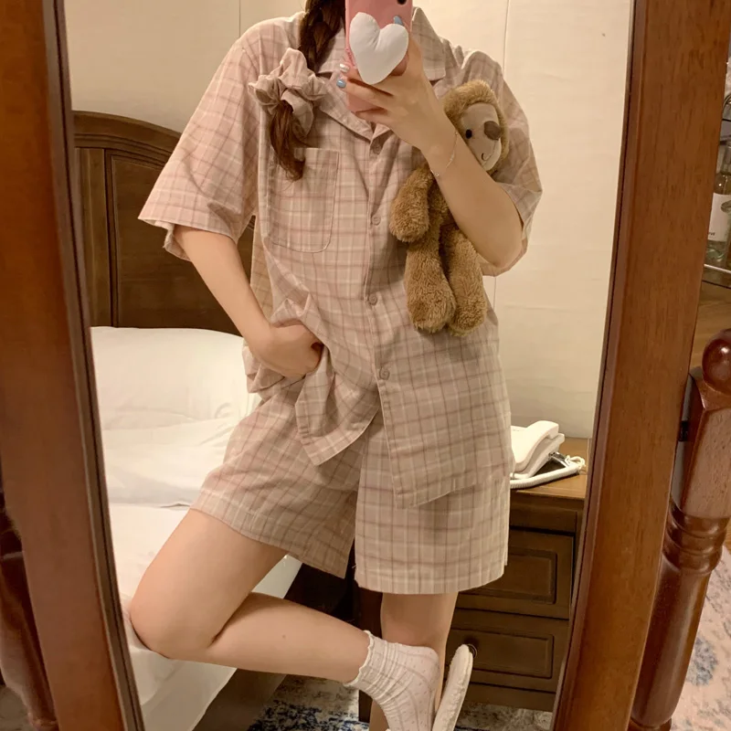 New Plaid Simple 100%Cotton Holiday Stripe Short Sleeve Half Pants Summer Pajama Set Women Vintage Loose Girlish Style Sleepwear