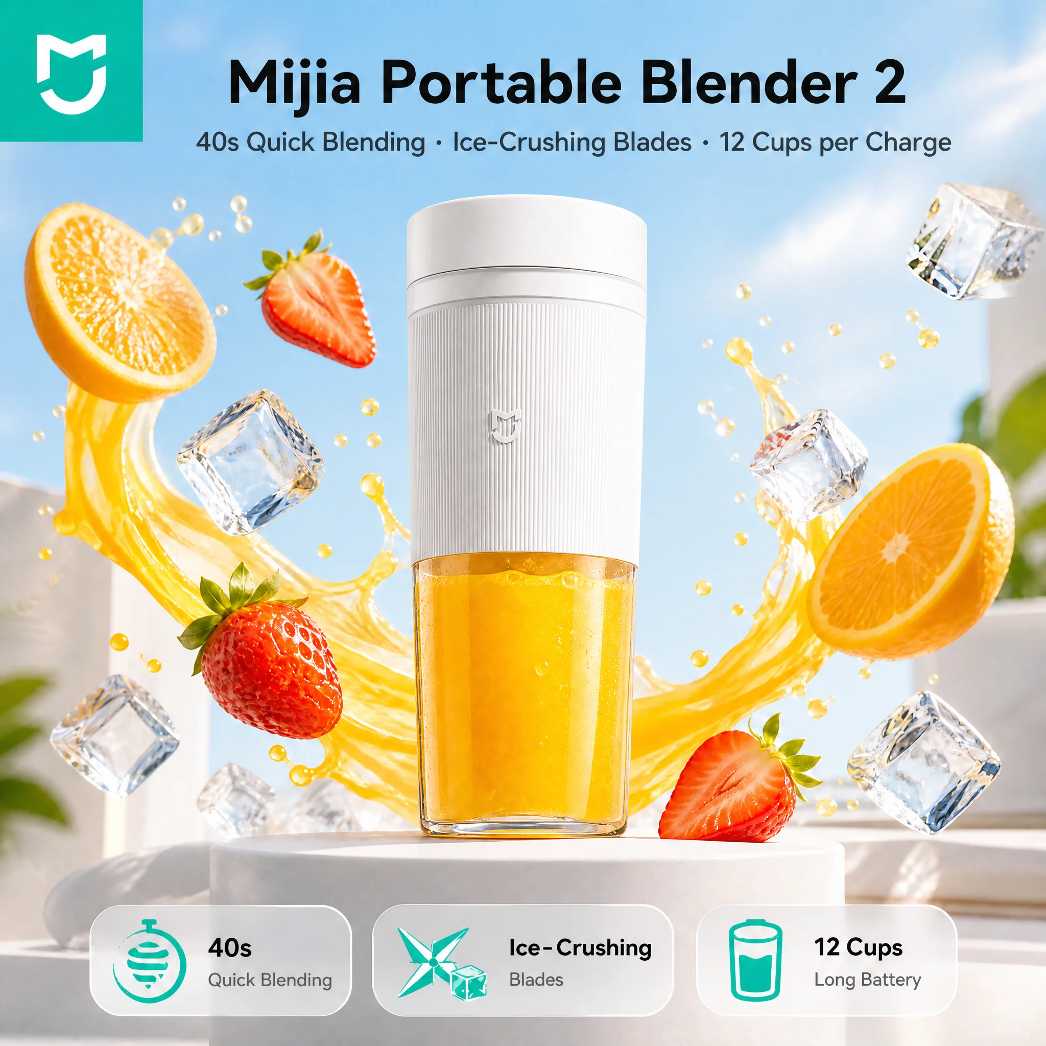 Mijia Portable Electric Blender 2 USB Rechargeable Juicer Cup 40s Fast Mix Ice Crushing Mini Smoothie Maker for Travel & Outdoor