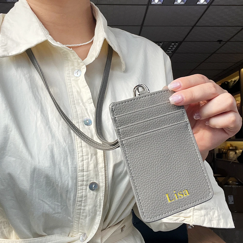 Personalisierter Leder-Ausweishalter mit Mehrfachfunktion, Schlüsselband für Männer und Frauen, Kreditkarten-, Ausweis- und Brieftaschen-Kartenhalter – Detail 10