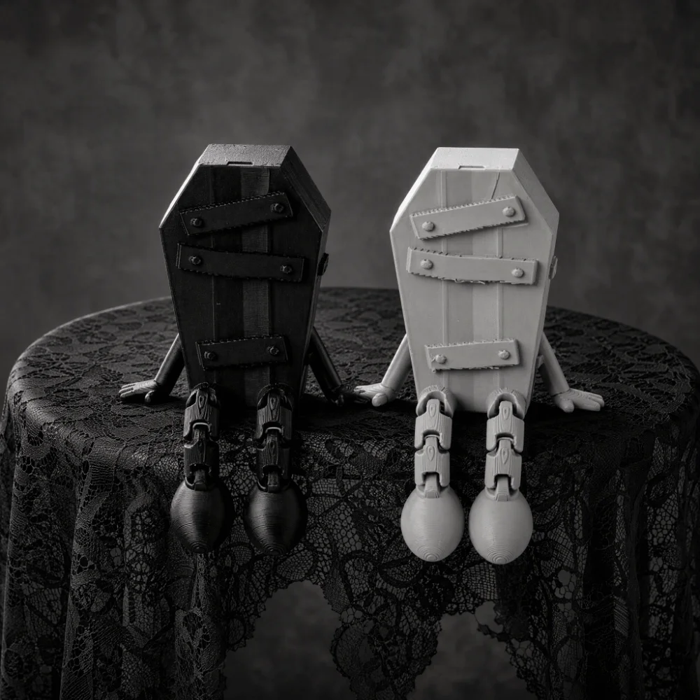 Funny 3D Printed Coffin Figurine Gothic Unique Halloween Figure Ornament Novelty Simulation Movable Joint Figurine Desktop Decor
