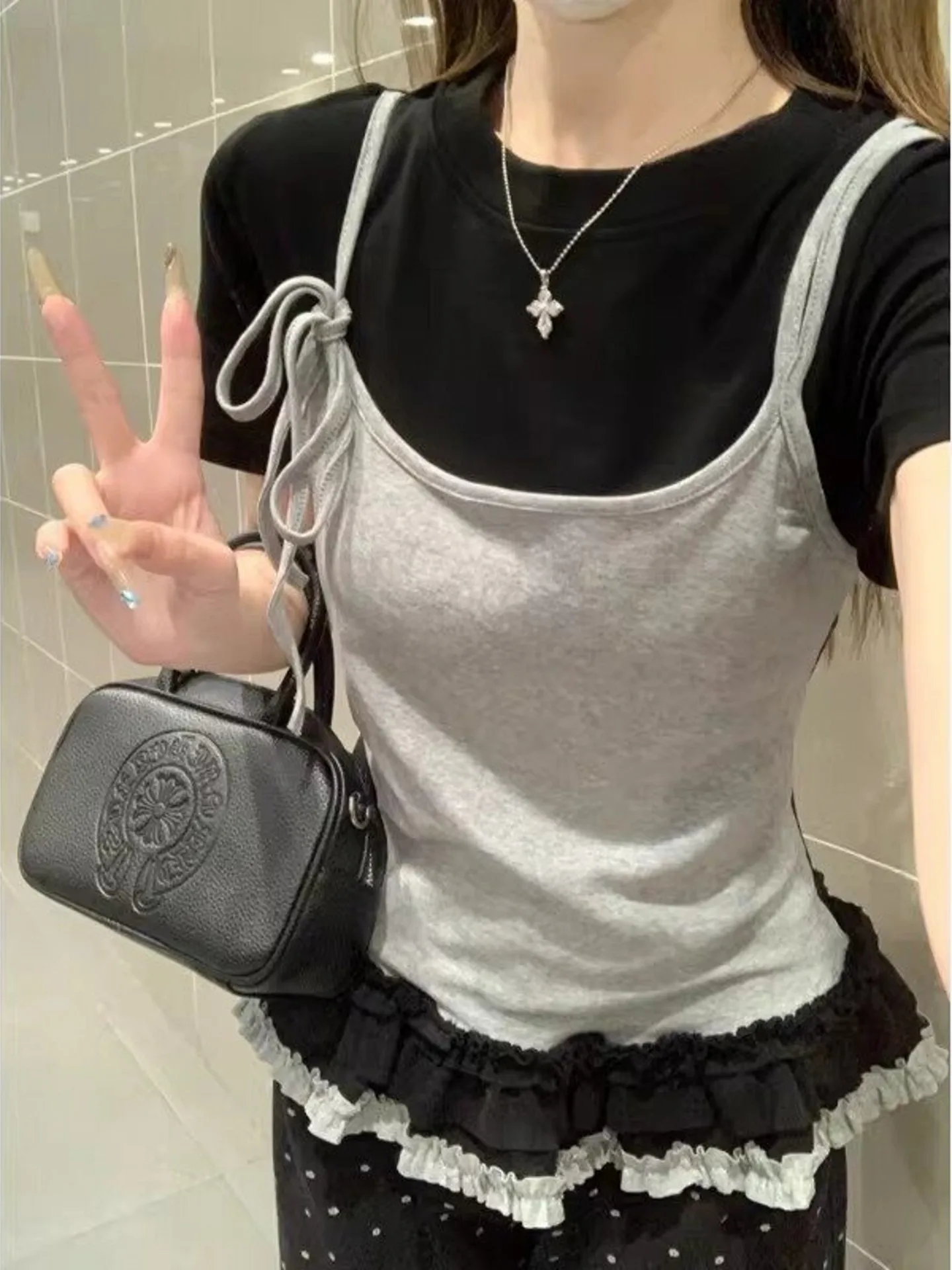 Ballet Style Color Block Slim Fit Short Sleeve T-Shirt Women's Spring Summer New Design Gored Skirt Hem Top Korean Style Butt...