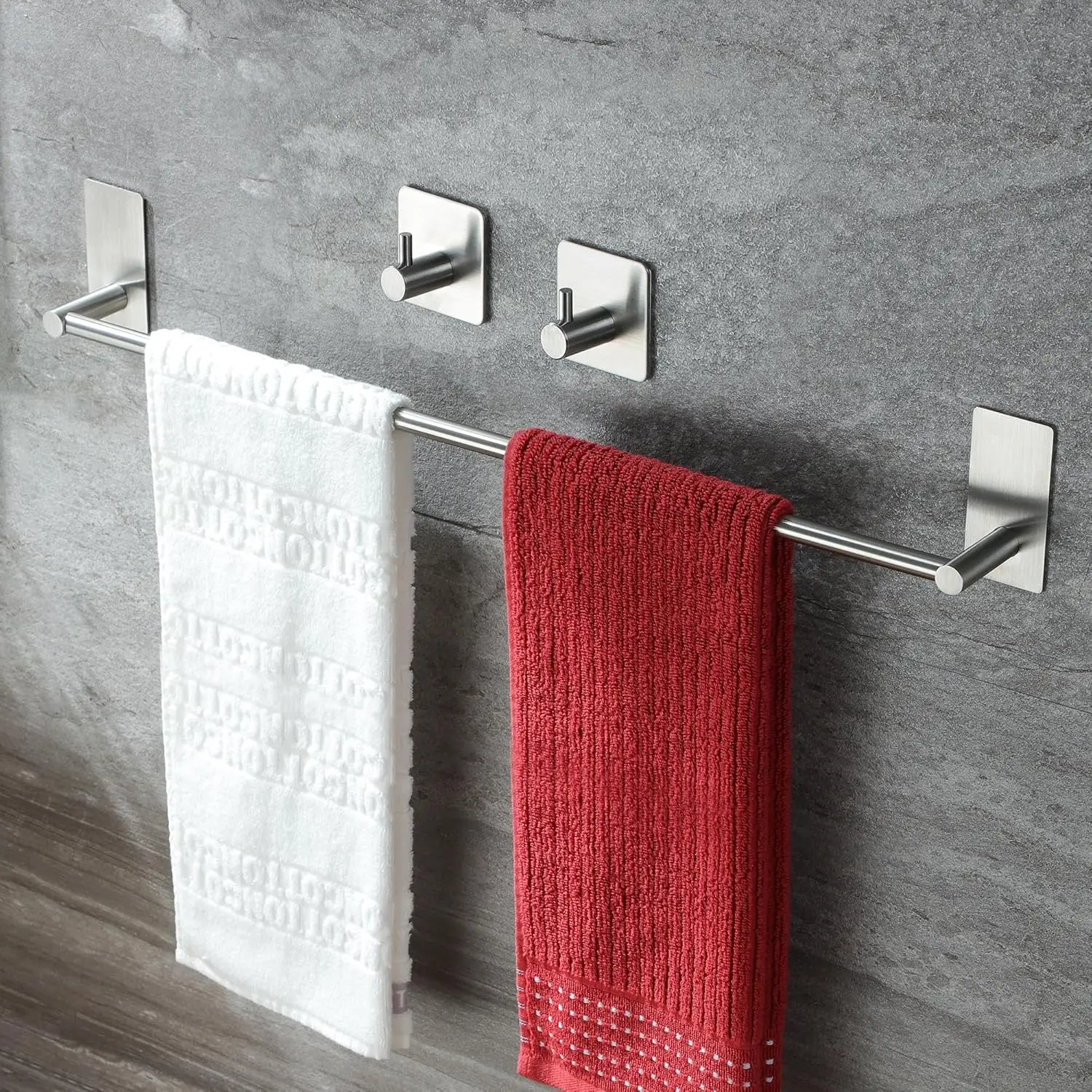 

24 Inch Stainless Steel Towel Bar with 2 Adhesive Hooks, No Drilling Bathroom Hardware Set