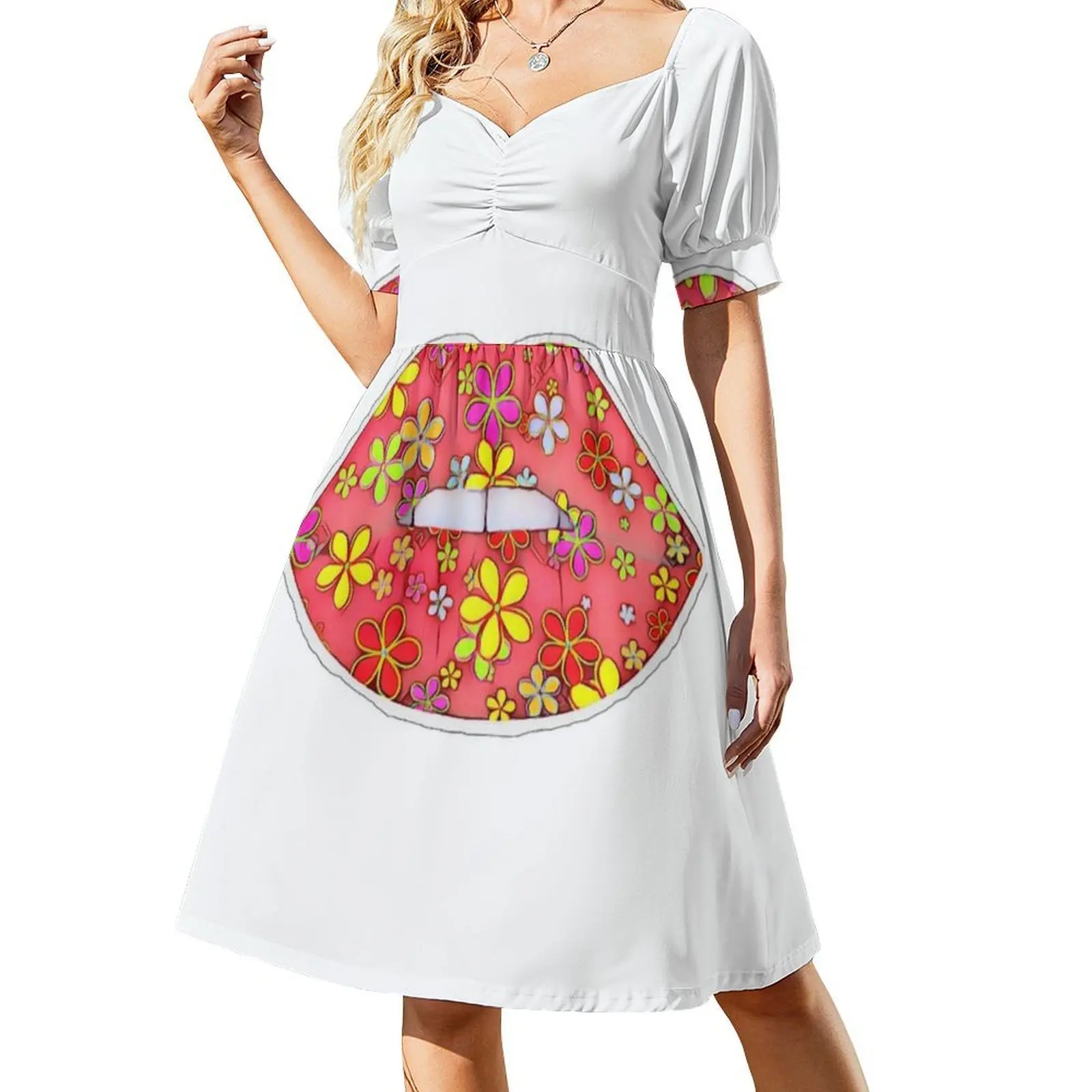 فستان قصير على طراز Flower Lips Preppy للنساء على شكل حرف a فضفاض مناسب فستان يوم غير رسمي موسيقى ملاحظات موسيقية جرافيك امرأة #2