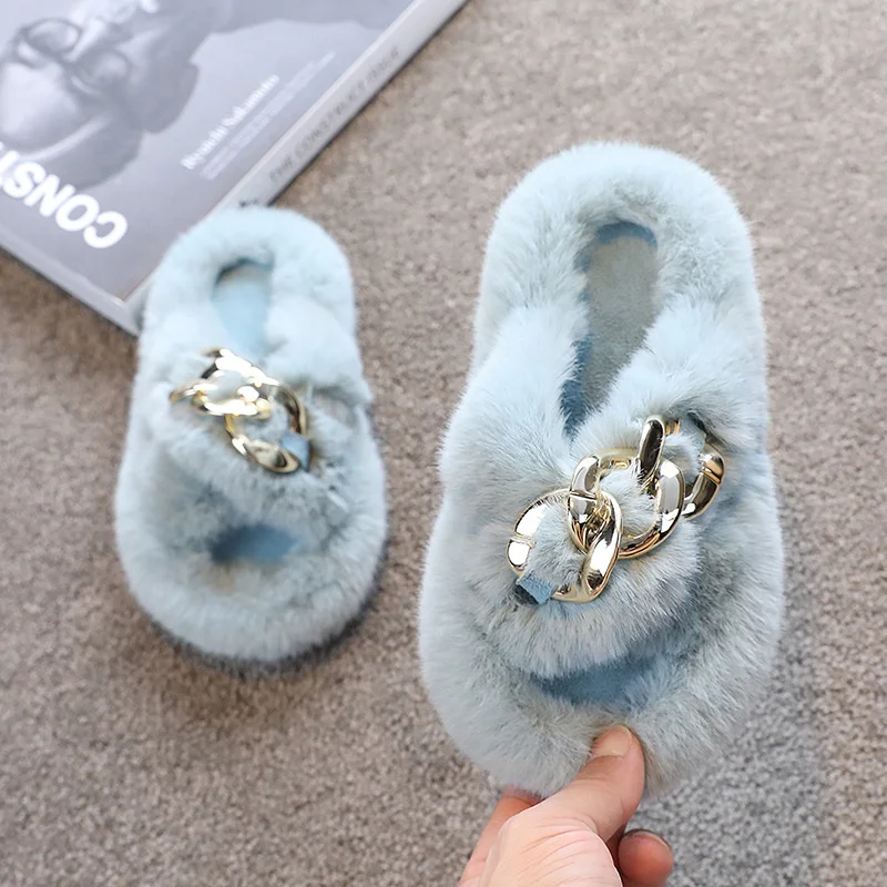 Children\'s Fashionable Slippers Girls Open Toe Metal Chain Plush Fur Shoes Kids Soild Home Indoor Non Slip Rubber Bottom Shoes