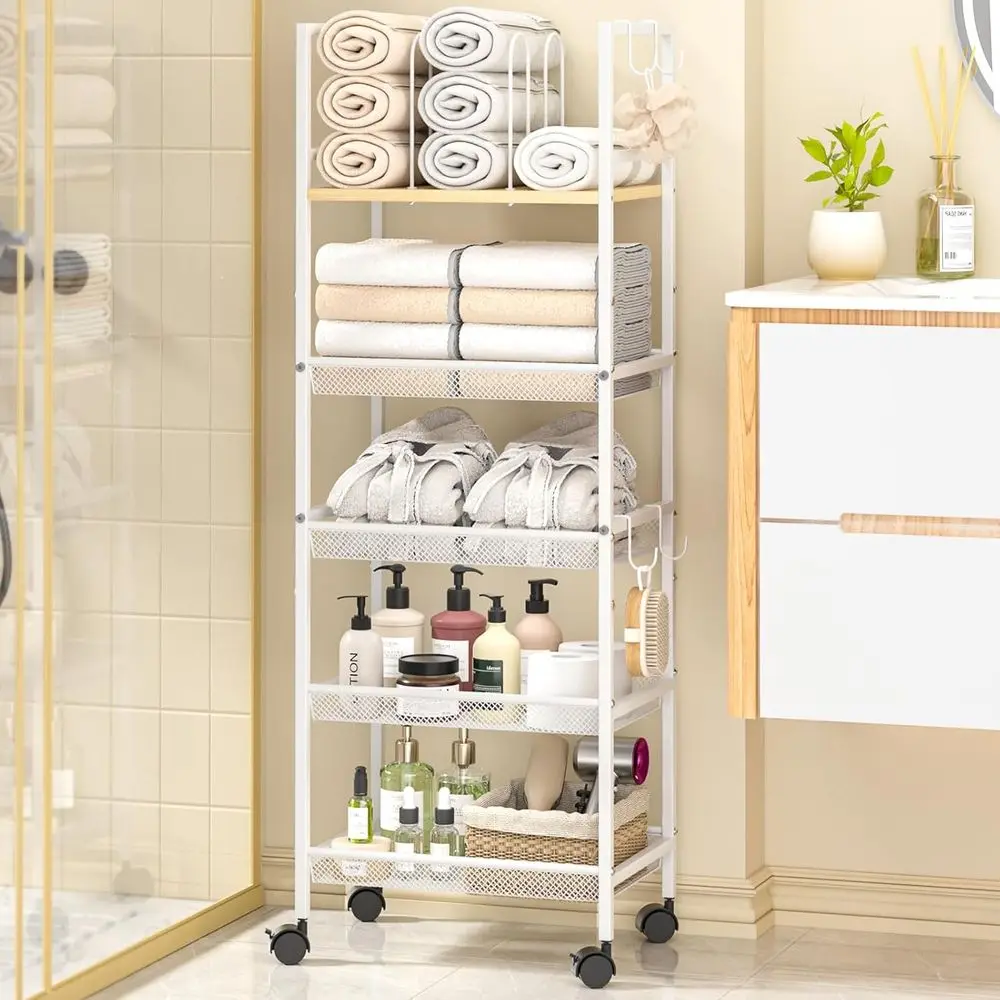 

5-Tier Freestanding M-Shape Divider Towel Rack with Wheels and S-Hooks, Modern Mobile Bathroom Storage Organizer