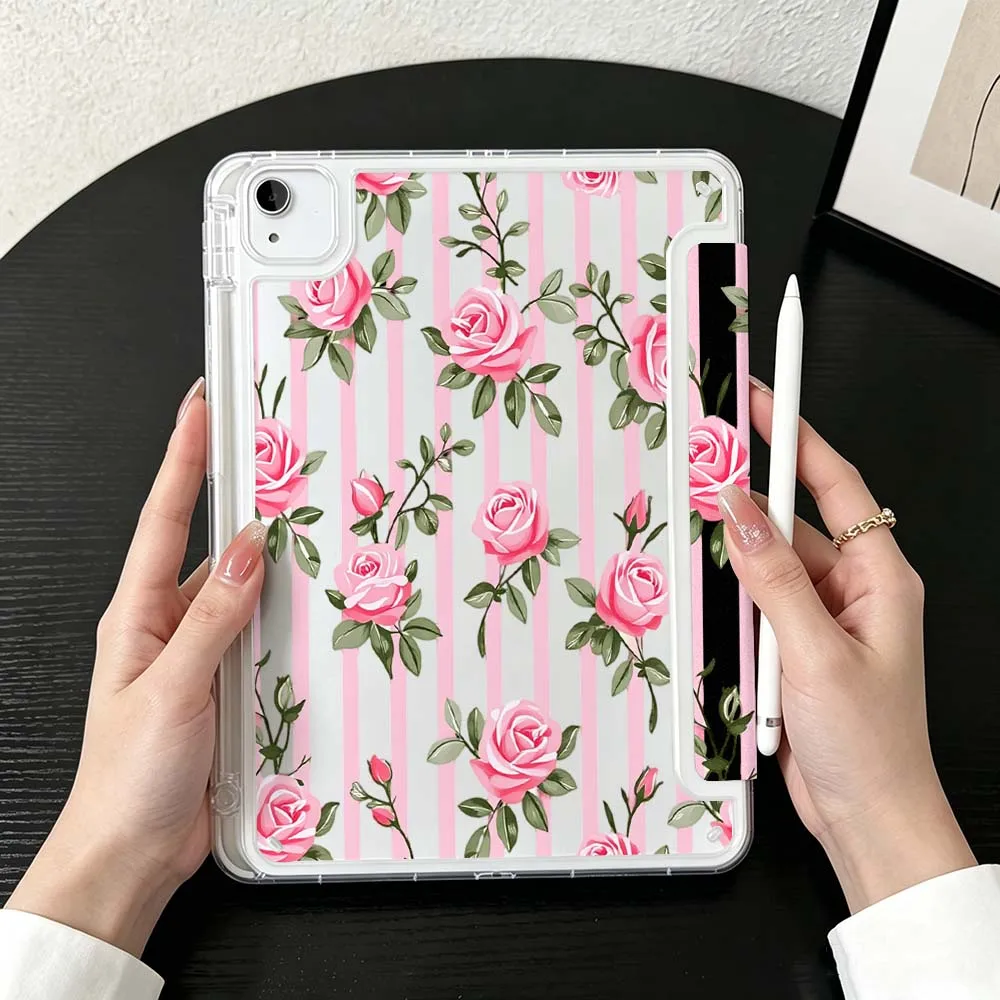 Pink Rose Striped Pattern For iPad Mini Pro Air 5 6 7 8 9 10th 11th 11 9.7 10.9 13 inch Transparent Y-Shaped Folding Tablet Case