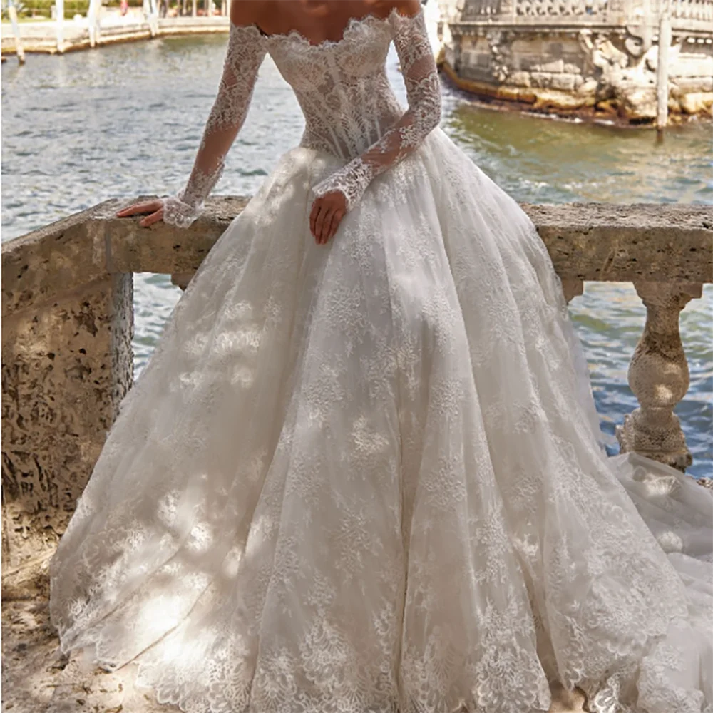 أنيقة قبالة الكتف الدانتيل كم كامل الدانتيل يصل ألف خط فساتين زفاف العروس أثواب الزفاف حسب الطلب