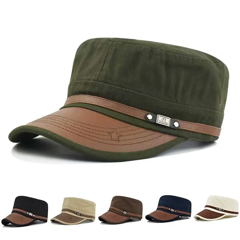1Pcs Spring Summer Adjustable Men Military Cadet Cap Cotton Star Embroidery Flat Top Hat Sun Protection Hats For Outdoor Travel