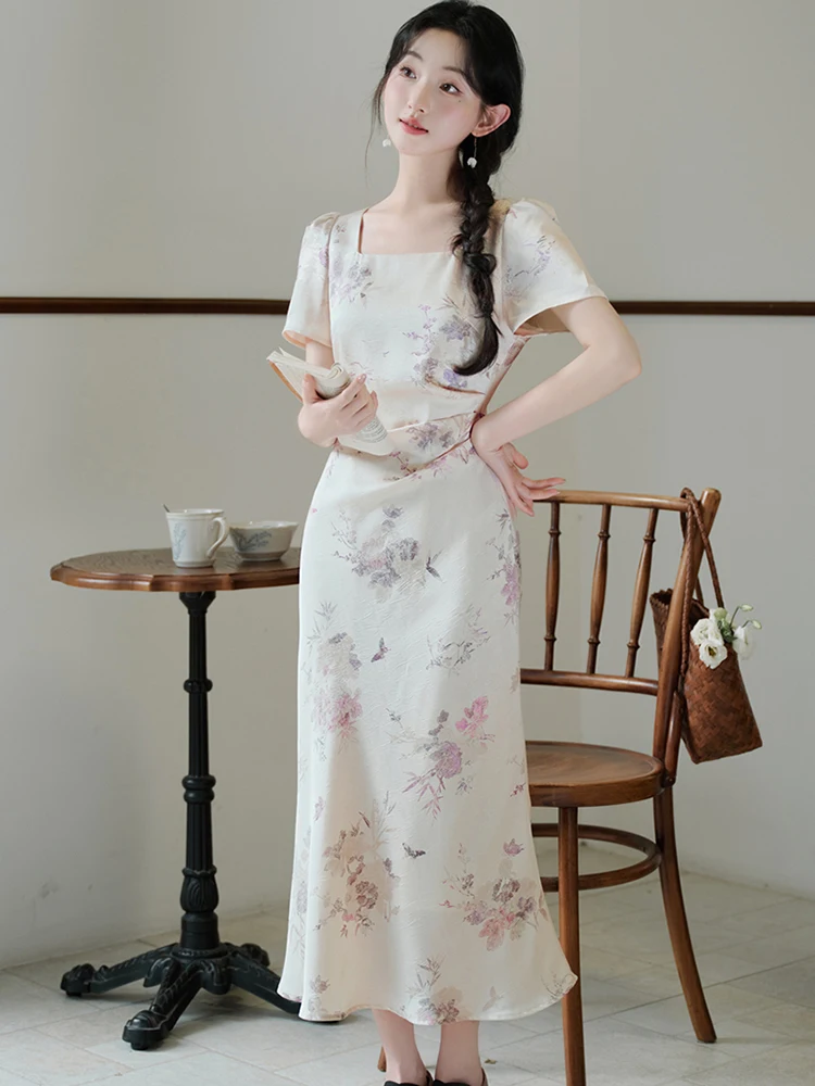 Summer White Satin Floral Short Sleeve Sqaure Collar Dress Women Elegant Casual Holiday Dress 2026 Korean Fashion Bodycon Dress