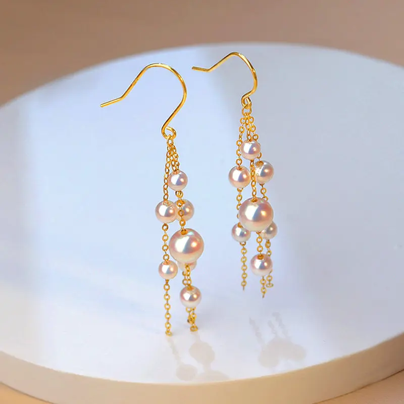 

18K Gold Natural Akoya Saltwater Pearl Tassel Earrings, Strong Luster Round, Elegant Light Luxury Pearl Jewelry Gift for Women