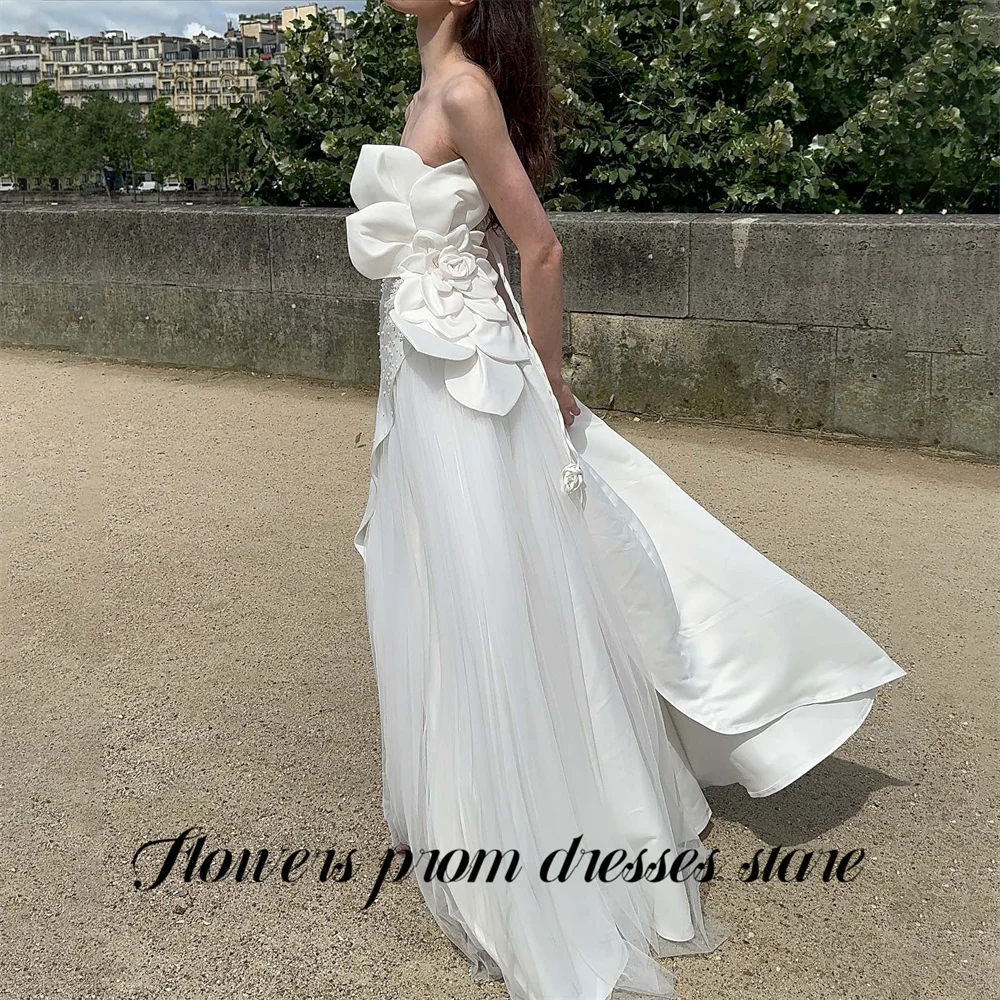

Flowers White Prom Dresses with Pearls Evening Dresses with 3D Flowers Party Dresses Tulle Train vestidos de fiesta Customized