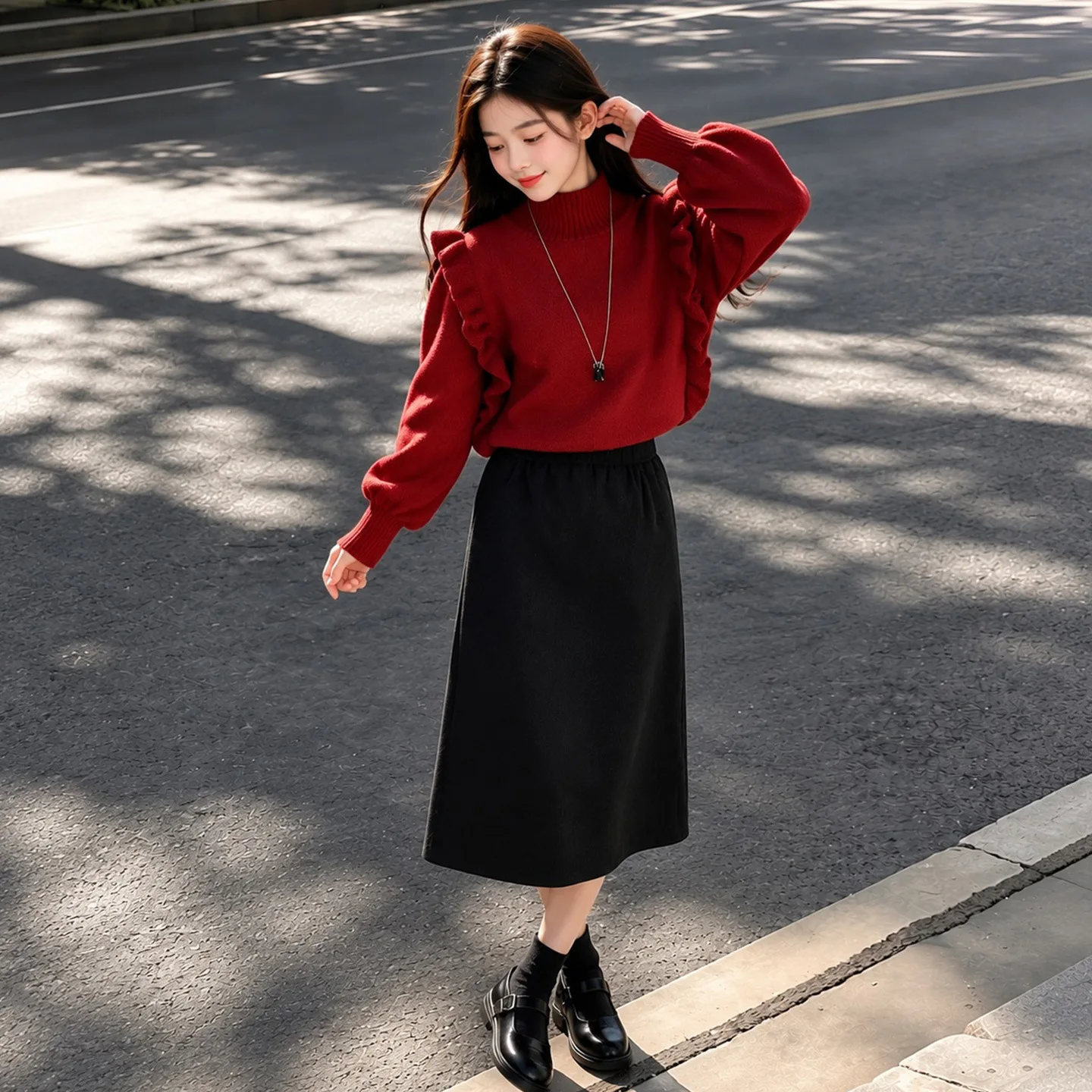 Autumn Winter Girls Red Flounce Turtleneck Sweater Lace Knitted Dress for Teenager Kids 4-12 Years Top New 2026