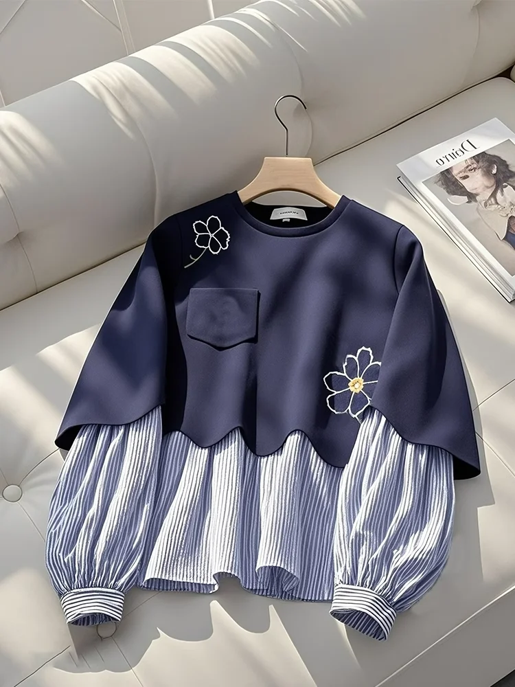 2025 autumn new popular American loose lazy chic top navy blue fake two-piece crew neck sweater women