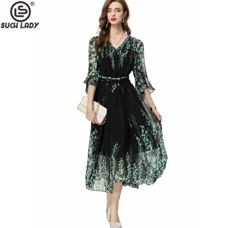 

Women's Runway Dresses V Neck Short Sleeves Printed Floral Elegant Fashion Casual Vestidos