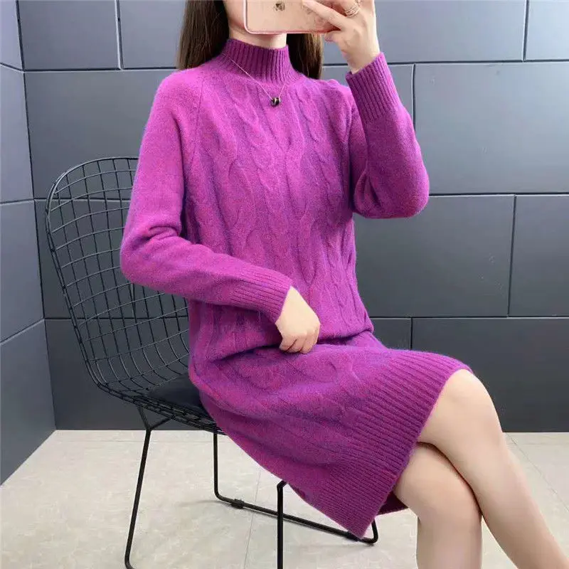 Koreanische Fleece Midi Kleid Pullover Weibliche Stricken Neue Herbst Winter Lose Halb Höhe Kragen Bodenbildung Shirt Mid Länge Top Kleid