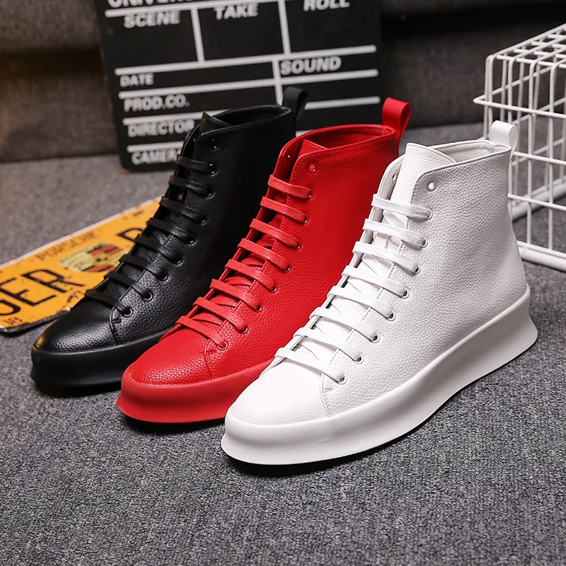 British design men casual platform shoes genuine leather flat shoe spring autumn lace-up sneakers black white red mans footwear