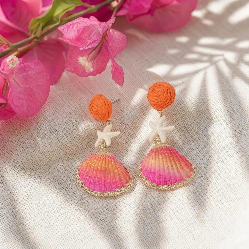 Edge Earrings Colorful Macaron Earrings Boho Raffia Dangle Earrings for Women Handmade Rattan Hoop Jewelry Set Beach Starfish