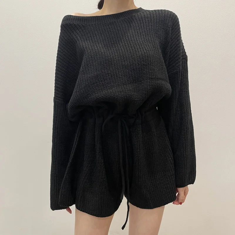 Chic Retro round Ne Bal Gathered Waist Long Sve Knitted  Women's Suit High Waist Wide Leg Pants