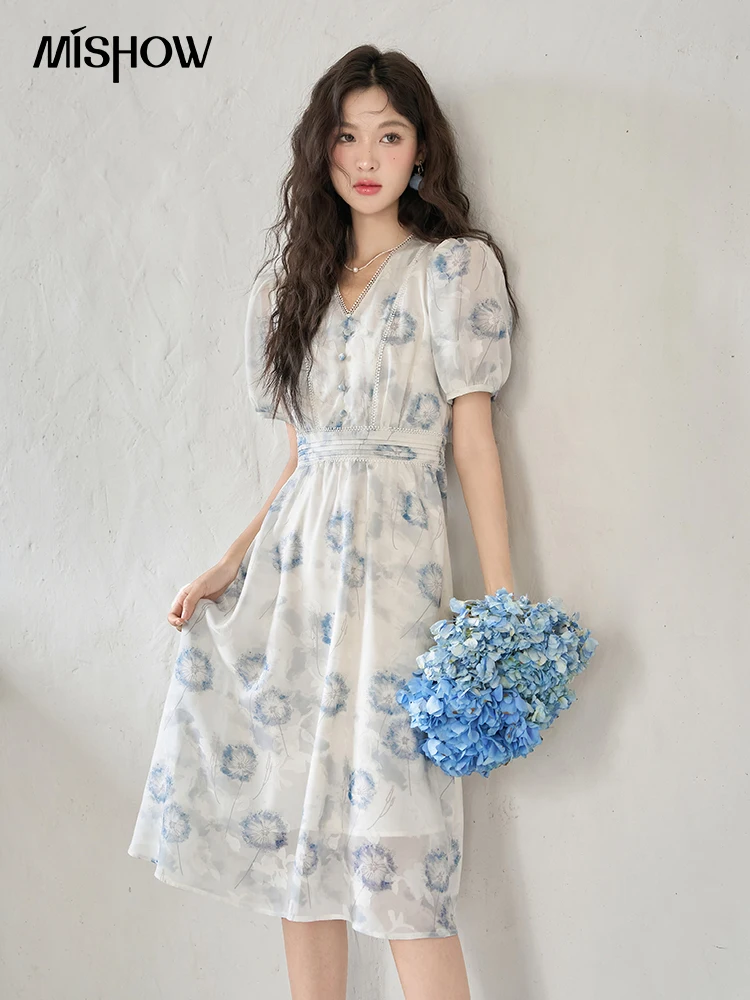 MISHOW 【Taraxacum Series】Chiffon Dress for Women 2023 Summer French Taraxacum Printing V-neck Waist Puff Sleeve Dress MXC39L1555