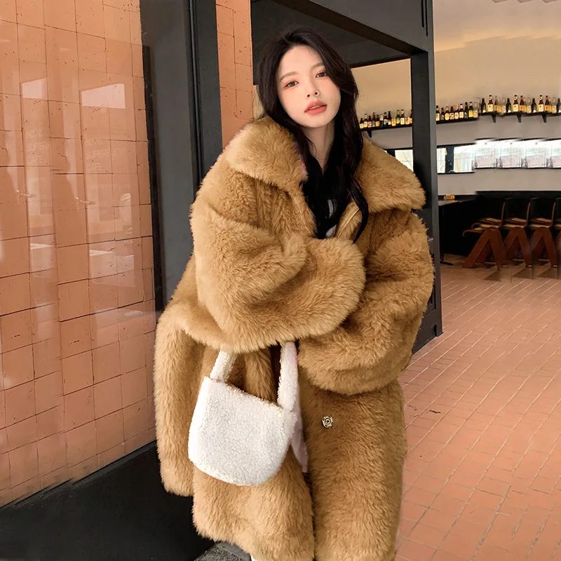 Faux Sheep Fur Coats Y2k Jackets Women Turn Down Collar Long Sleeves Zipper Mid Lenth Loose Fit Office Lady Casual 2026 Winter