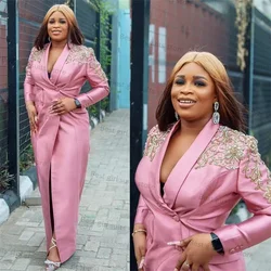 Elegant Pink Crystals Women Suits 1 Piece Long Blazer Formal Office Lady Double Breasted Jacket Custom Made Autumn Prom Coat