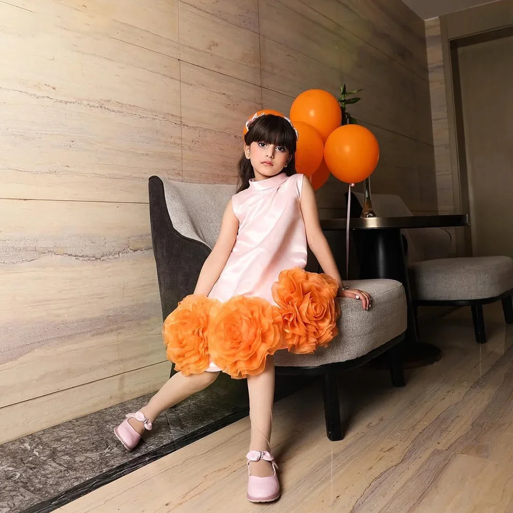 Cuatomized Flower Girl Dress O-Neck Sleeveless 3D Flowers Knee Length Dresses For Wedding Birthday Party First Communion Gowns