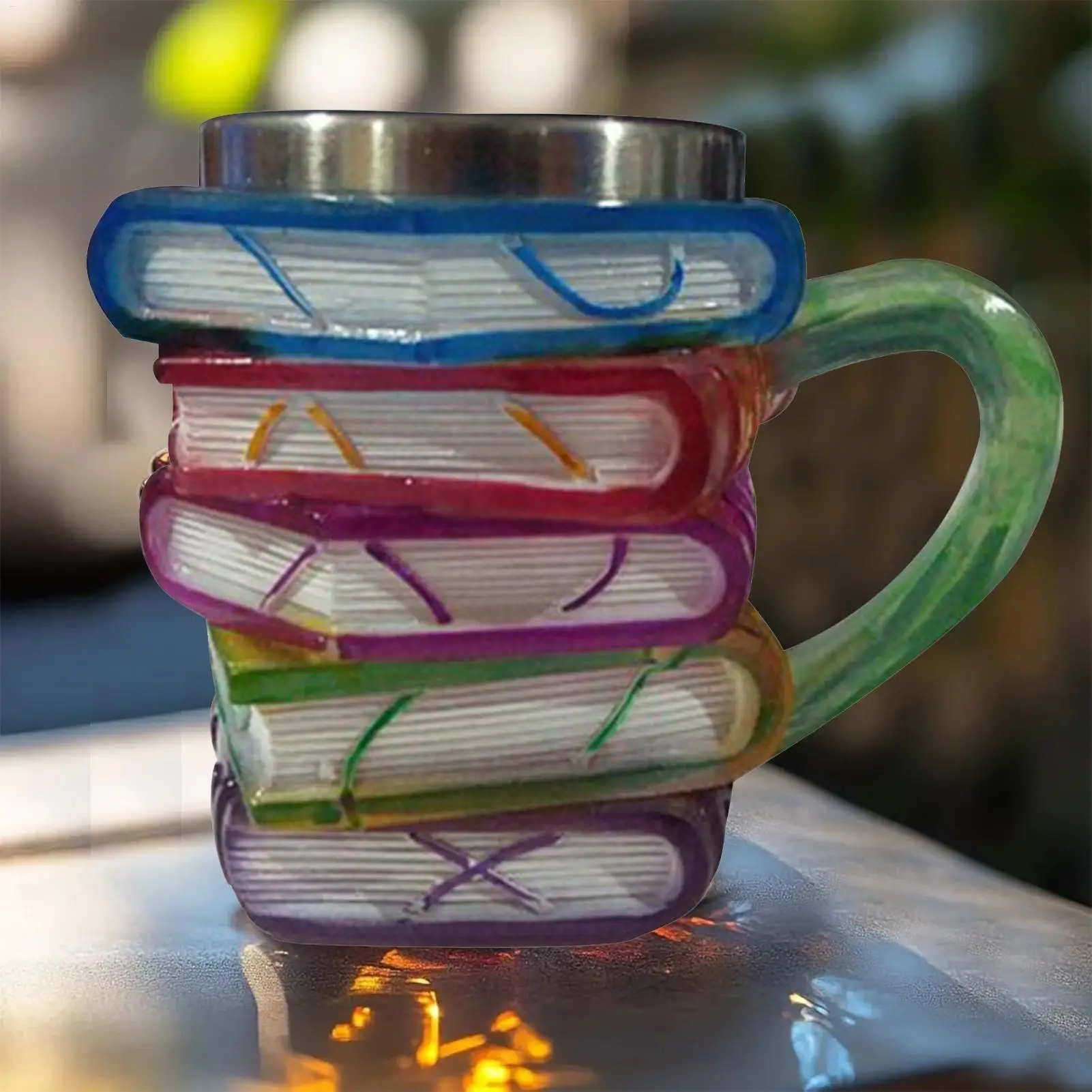 Bemalte Buchbecher aus Kunstharz + Edelstahl, Neuheit, 3D-bemalte Bücher, Kaffeebecher, einzigartige bunte Harzbücher, Stapel-Kaffeetasse