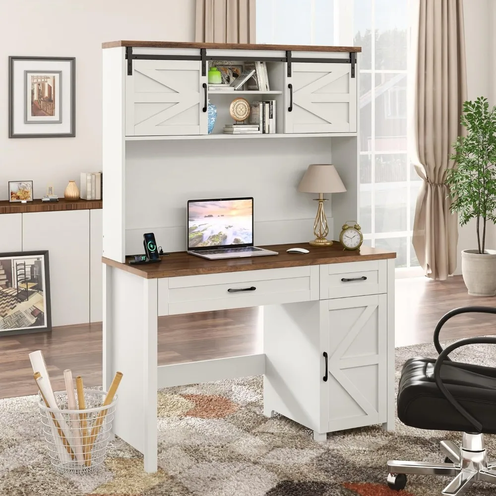 

Farmhouse 47" Executive Desk, White Computer Desk with 2 Drawers and Storage Cabinet, Home Office Table with Hutch, Charging Hub