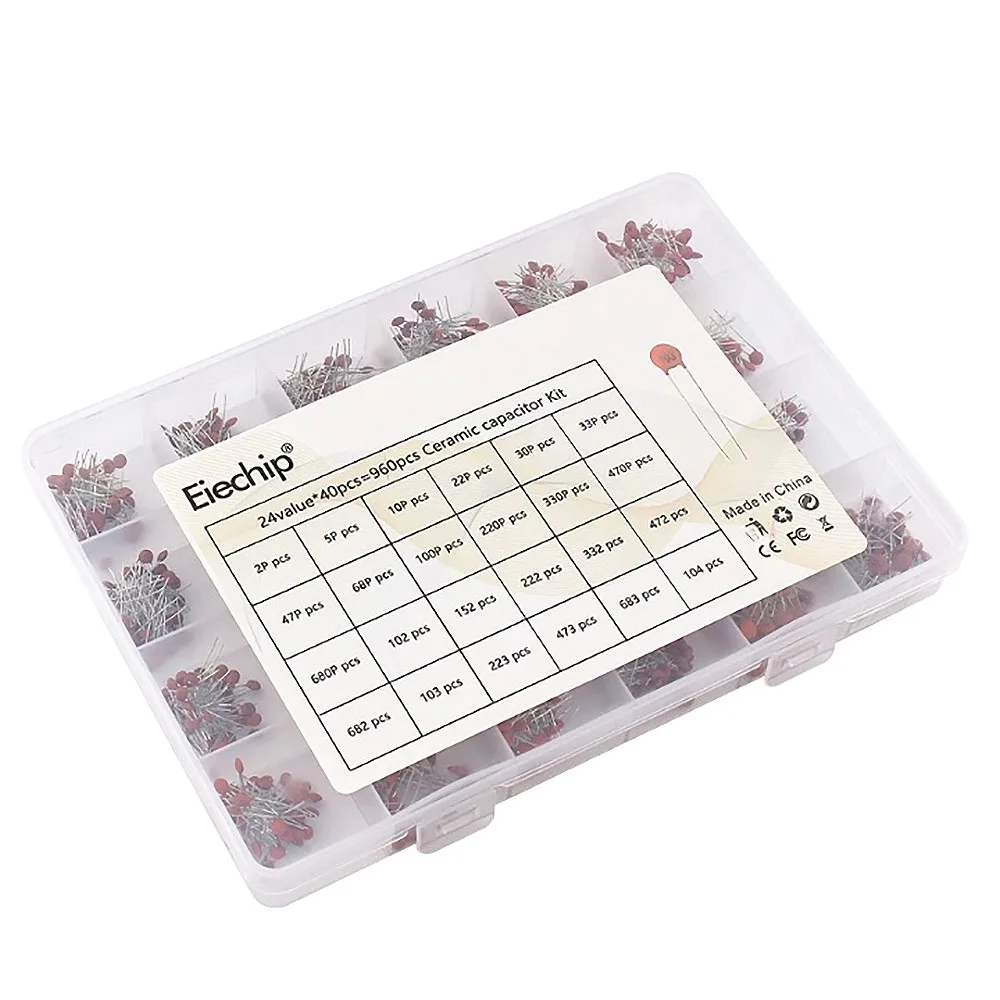 960PCS 24Values 2PF~0.1UF 100nf Ceramic Capacitor Kit, 50V Capacitor Assorted Kit Samples Diy Electronic Components Package