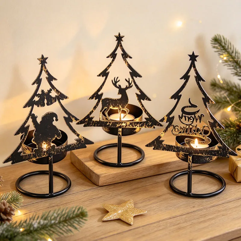 Home Decor Desk Accessories Christmas Candle Holder Tree Candlestick Xmas New Year Decoration Festive Gift Ornament for Holidays
