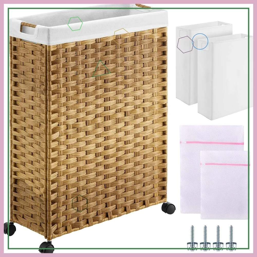 

17.4 Gallon Slim Laundry Basket with Wheels, 2 Removable Liner & Mesh Bags, Narrow Rattan Hamper for Bedroom