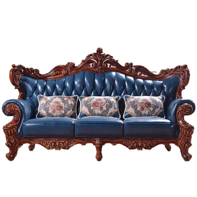 All solid wood leather sofa, furniture double-sided engraved model