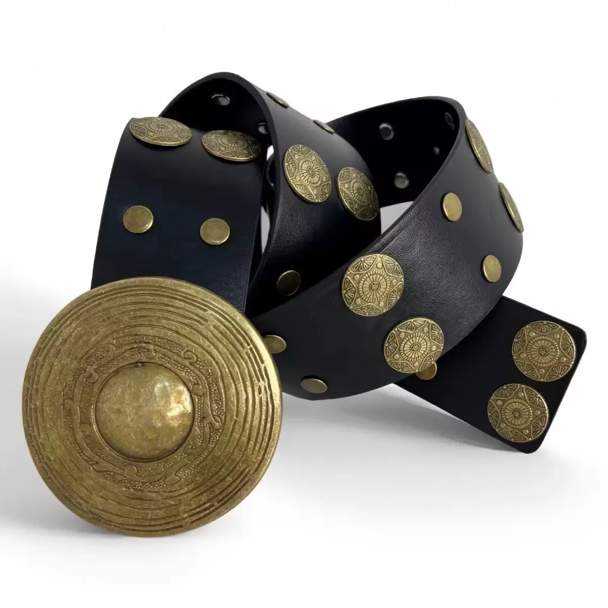 Women Y2k Vintage Wide Waist Belt Pu Leather Rivet Coin Decor Round Buckle Boho Waistband For Jeans Dresses Jackets Daily Party