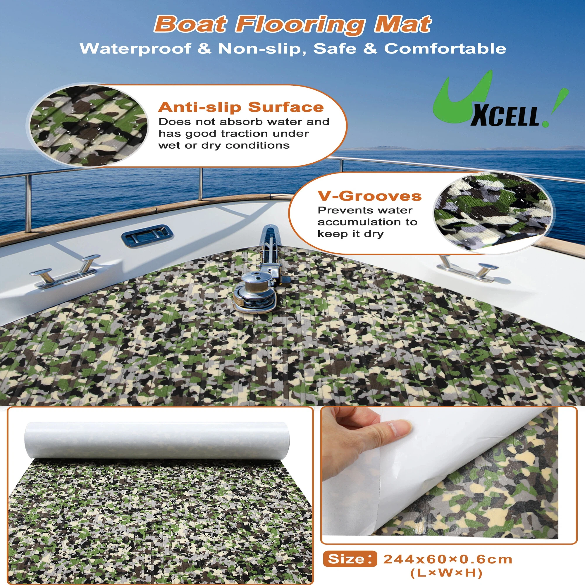 

UXCELL Self-Adhesive 244x60x0.6cm Boat Flooring Mat EVA Foam Sheet Non-Slip Traction Pad for Boats Decking Camo Brown Camo Green