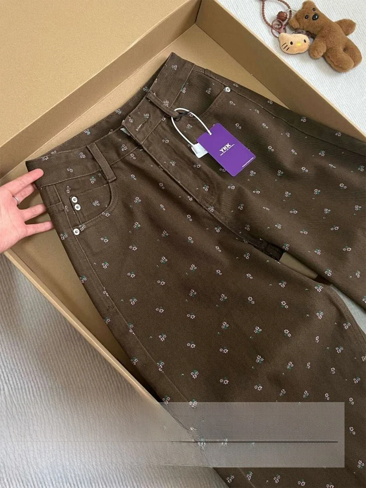 

Широкие джинсы с высокой талией и цветочным принтом в стиле ретро, женские осенне-зимние утягивающие брюки, прямые джинсы с завышенной талией в американском стиле