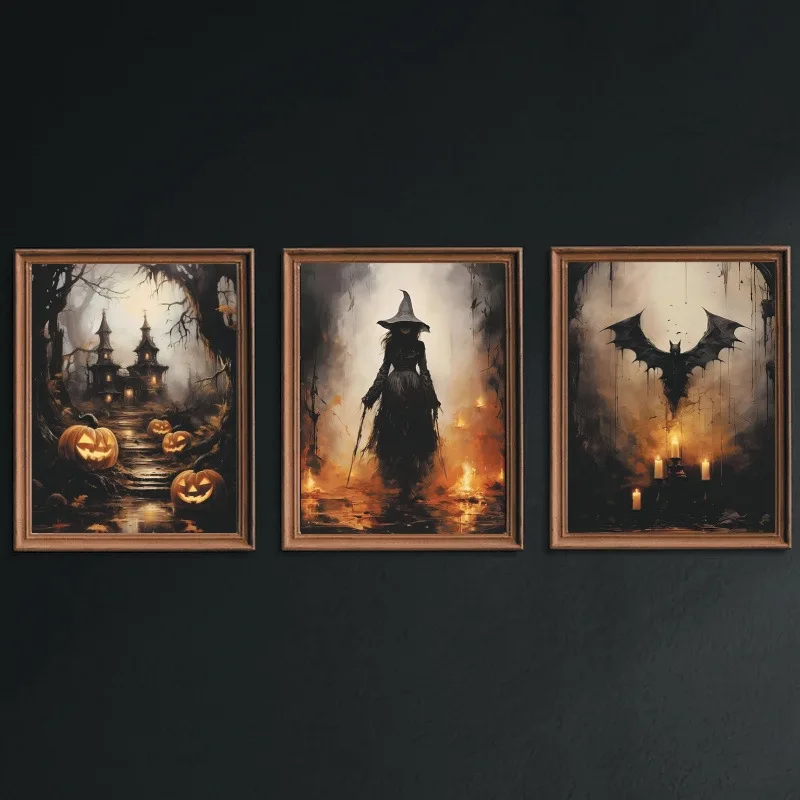 

Halloween Ghost Bat Witch Pumpkin Triptych Canvas Art Halloween Style Poster Set Hanging Painting