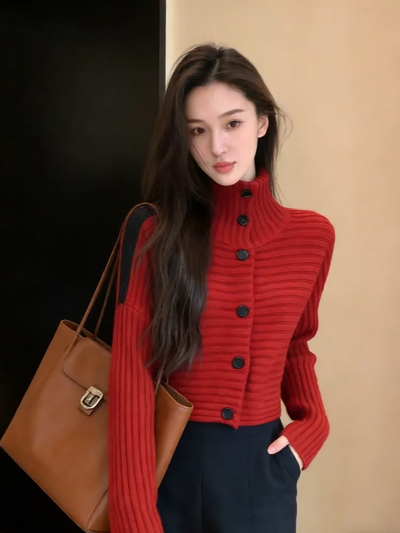 

Sli Red Knitted Open Cardigan ort Winter Faion Korean Sle Inner Wear Top Soft Long Sve High Collar Girls' Clothes