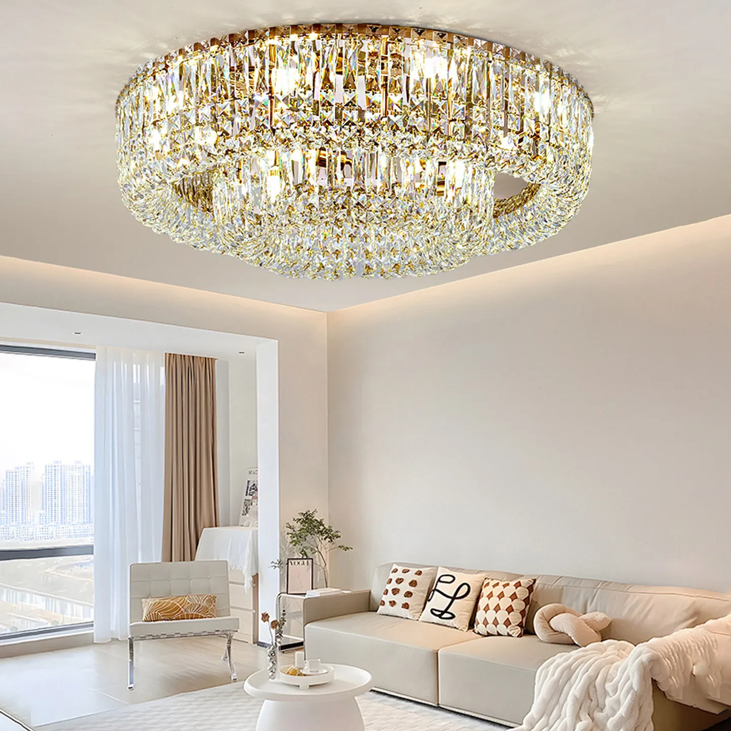 Luxury Round Crystal Ceiling Chandelier Gold Stainless Steel Led Tri-Color Light For Bedroom Living Room Dining Room Home Decor