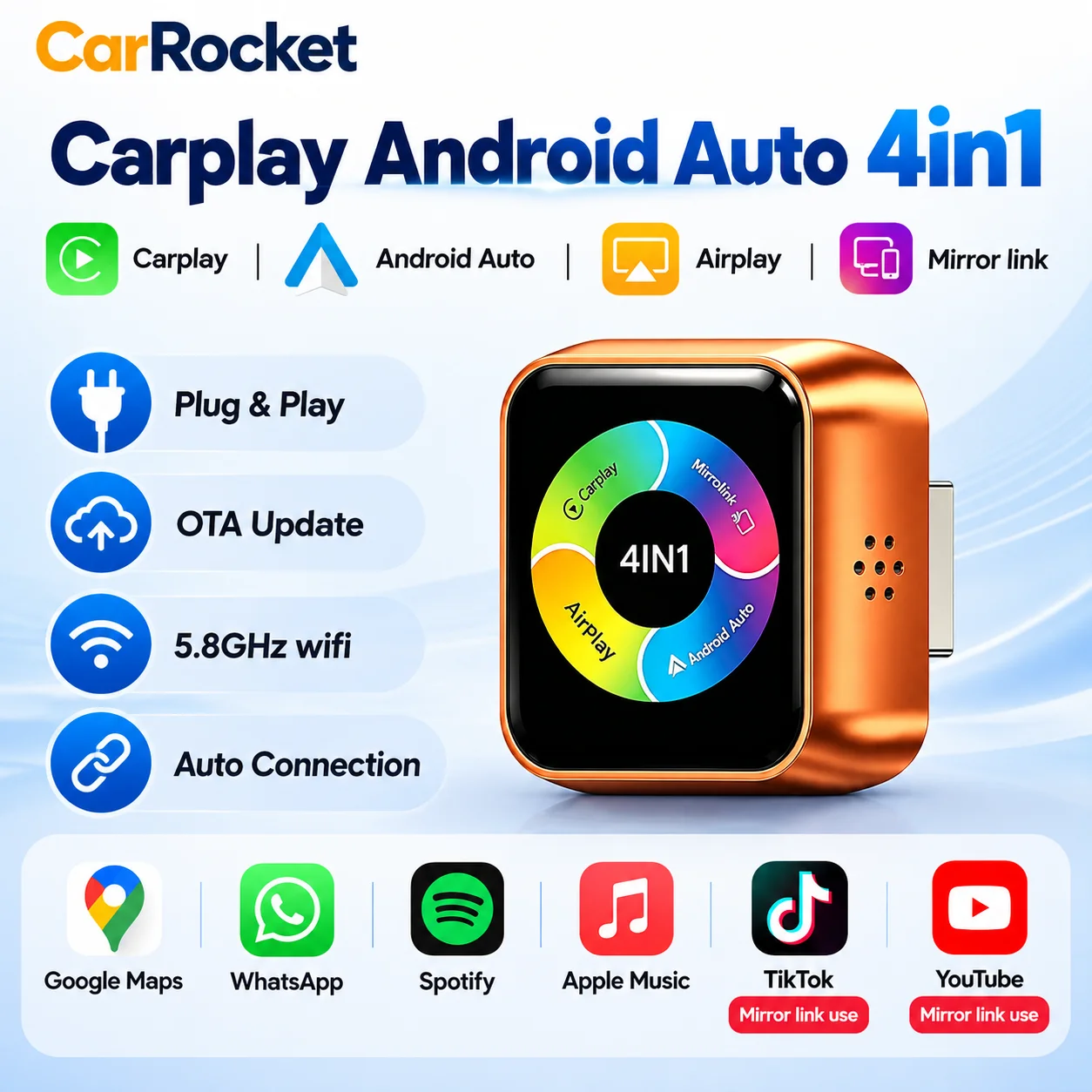 2026 Upgraded 4 in 1 Wireless CarPlay Android Auto Adapter Mirror Link Screen Bluetooth Dongle Plug&Play for iPhone&Android