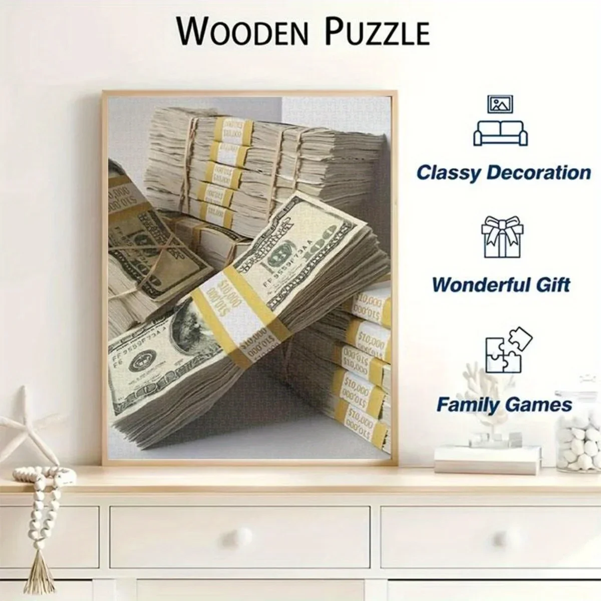 1,000pcs Jigsaw Puzzle - Realistic US Dollar Bills Stack with Golden Serial Numbers, Complex Money Puzzle for Adults - Challen image 4