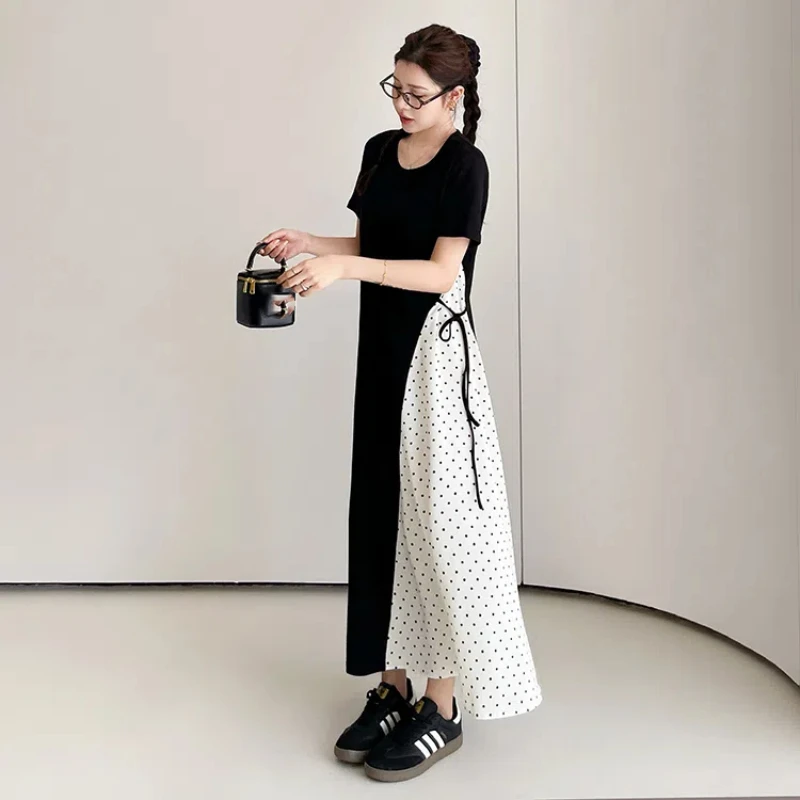 女性用半袖Tシャツドレス,ルーズフィット,ラージサイズ,黒,水玉模様,パッチワーク,夏服,2020