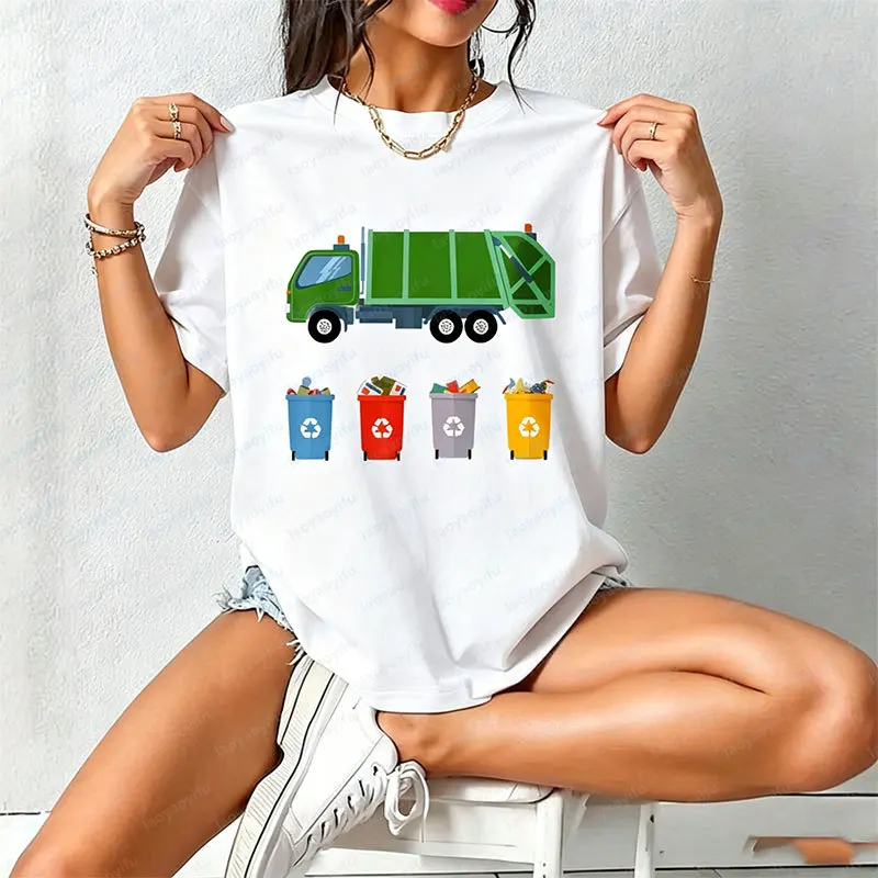 Funny Recycling Truck T-Shirt Recycling Symbols & Cartoon Trash Can Design Tee Environmental Graphic Tee Eco-Themed Apparel For