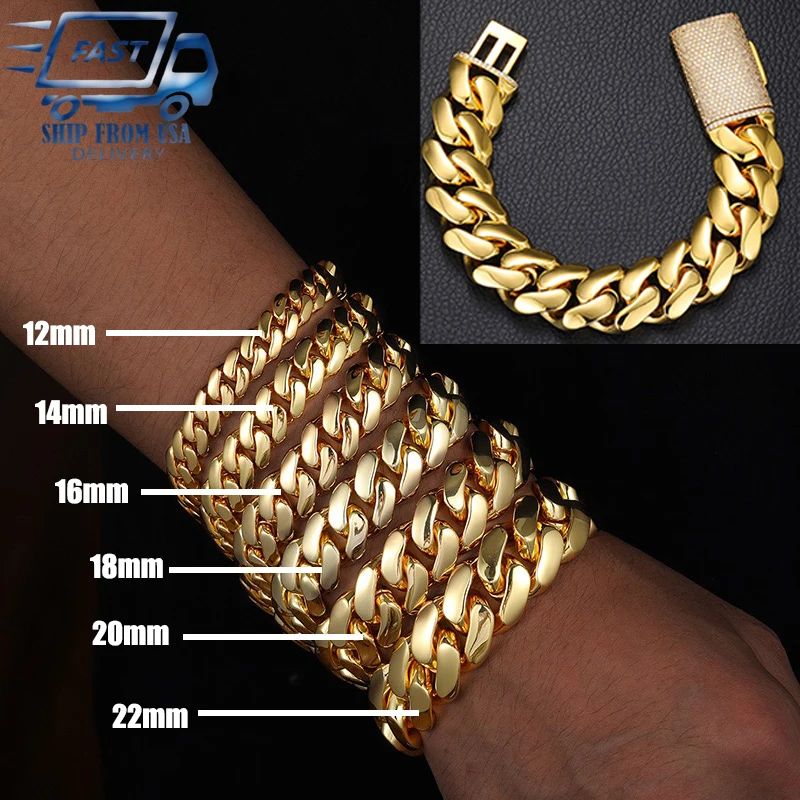 

18-22mm Heavy Miami Cuban Chain 18K Gold Plated Brass bracelet Cut Clasp Hip Hop Jewelry unisex Cubic Zirconia Cuban Bracelet
