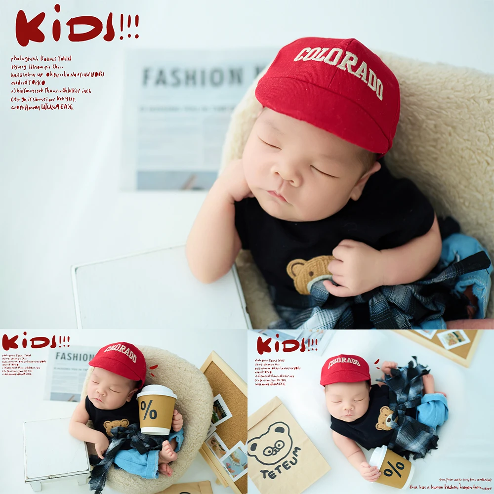 Conjunto de adereços para fotografia de recém-nascidos, chapéu vermelho + roupas de bebê menino, copo de café, estúdio, tema de bebê, adereços de decoração de cena