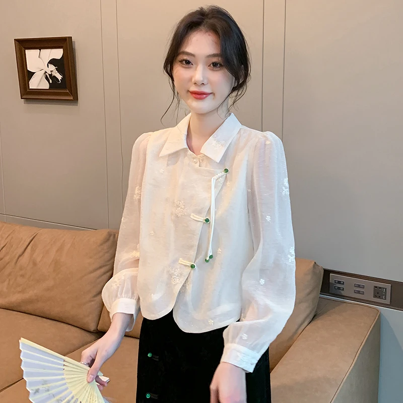 Chinese Style Embroidery Shirt Women 2024 New Spring Summer Long Sleeve  Blouse Ladies Elegant Turn-down Collar Shirts