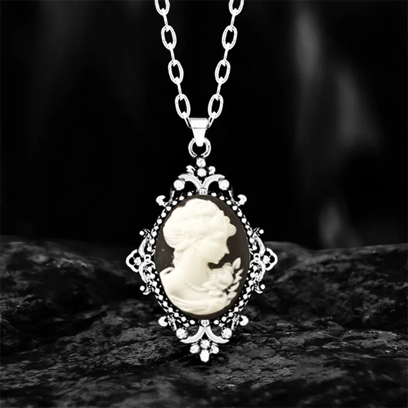 6 Colors Vintage Gray Pink Lady Queen Cameo Necklace For Women Antique Silver Plated Flower Pendant Fashion Cameo Chain Necklace